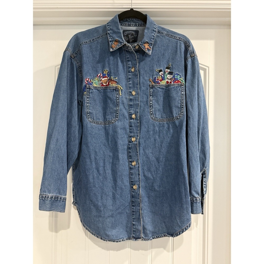 VTG Solutions Original Christmas Embroidered Denim Shirt Medium 90s Holiday